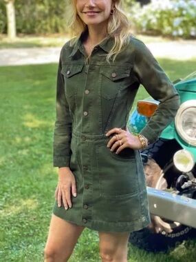 GOOP G Label Large Olive Green Button-Front Utility Long Sleeve Shirt Dress